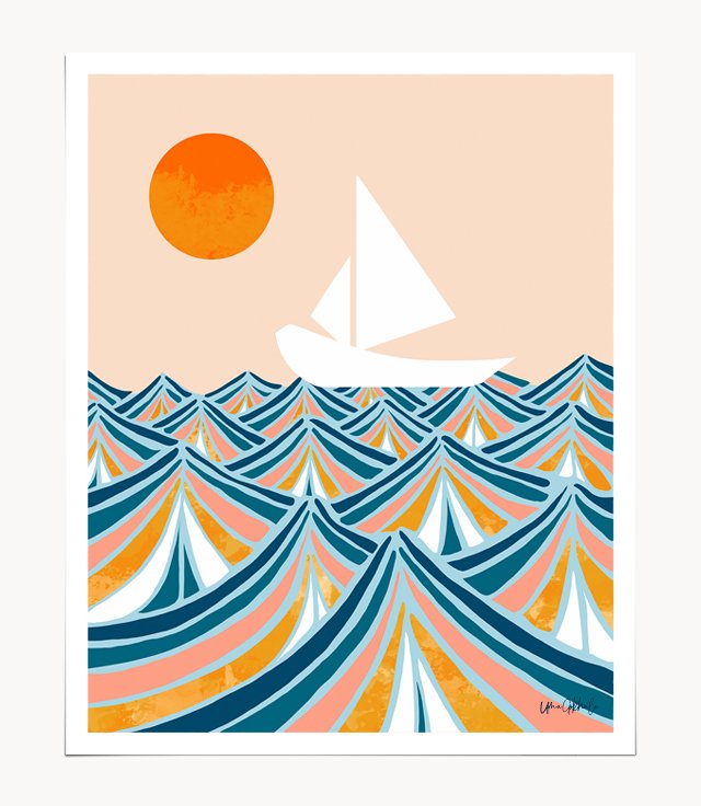 Shop Set Sail, Ocean Boat Sailing Travel, Sea Cruise Summer Waves, Graphic Design Bohemian Modern Eclectic Art Print by artist Uma Gokhale 83 Oranges artist-designed unique wall art & home décor