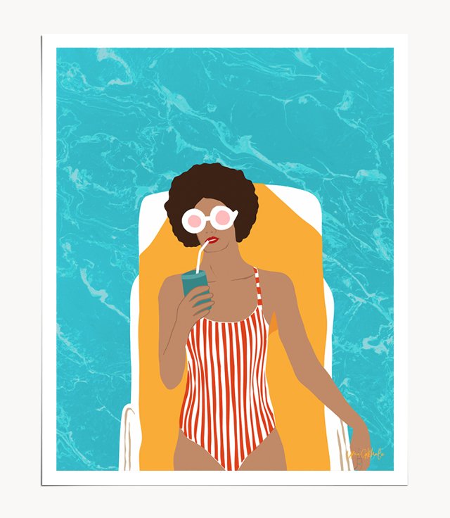 Shop Chilling In The Moment, Eclectic Bohemian Black Woman of Color, Swimming Pool Afro Fashion Vacation Enjoy Summer Art Print by artist Uma Gokhale 83 Oranges artist-designed unique wall art & home décor