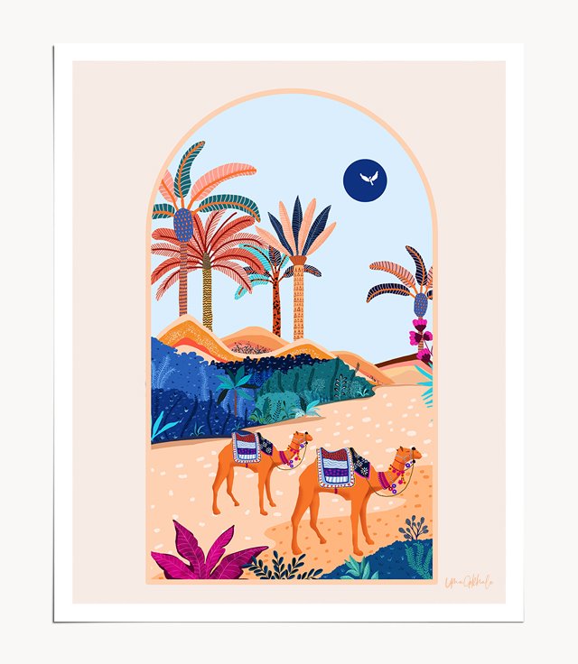 Shop The Arabian Desert, Nature Landscape Travel Illustration, Camels Eclectic Sand Dunes Dubai Palm, Sahara Middle East Hot Summer Animals Bohemian Art Print by artist Uma Gokhale 83 Oranges artist-designed unique wall art & home décor