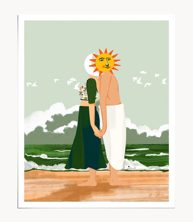 Shop Motherhood, Human Celestial Union, Sun & Moon Love Couple Art Print by artist Uma Gokhale 83 Oranges artist-designed unique wall art & home décor