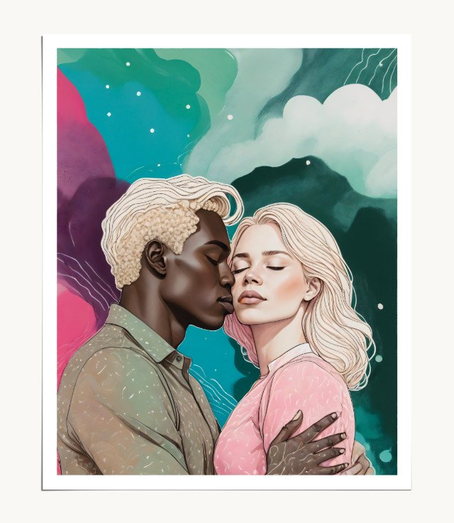Interracial Space Romance Canvas Print, People Human Expression Anti-racism Diversity Equality Canvas Print Poster Wall Art