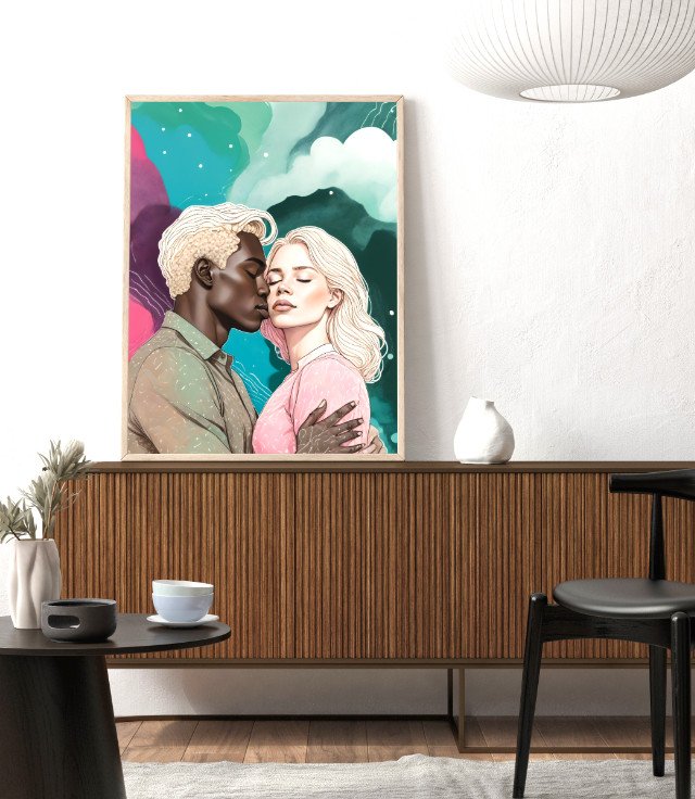 Interracial Space Romance Canvas Print, People Human Expression Anti-racism Diversity Equality Canvas Print Poster Wall Art