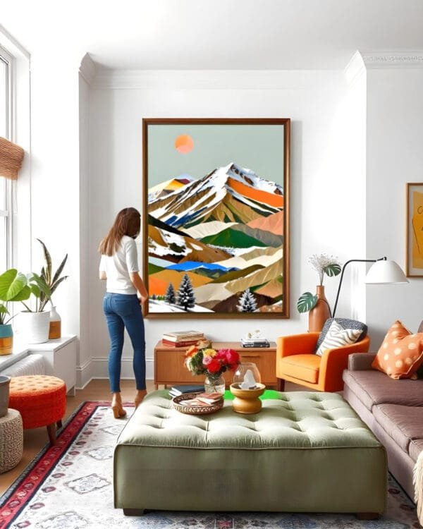 Write a product description for an artwork featuring a beautifully layered collage forming a mountain landscape with a mix of bold textures and pastel colors