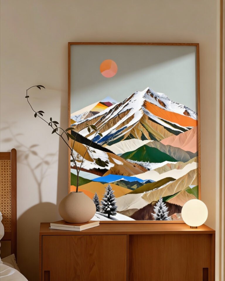 Shop whispers of the summit Dreamy Mountain Collage small batch Art Print, Canvas Print & Fabric Print - exclusively available at 83oranges.com by artist Uma Gokhale India [review]