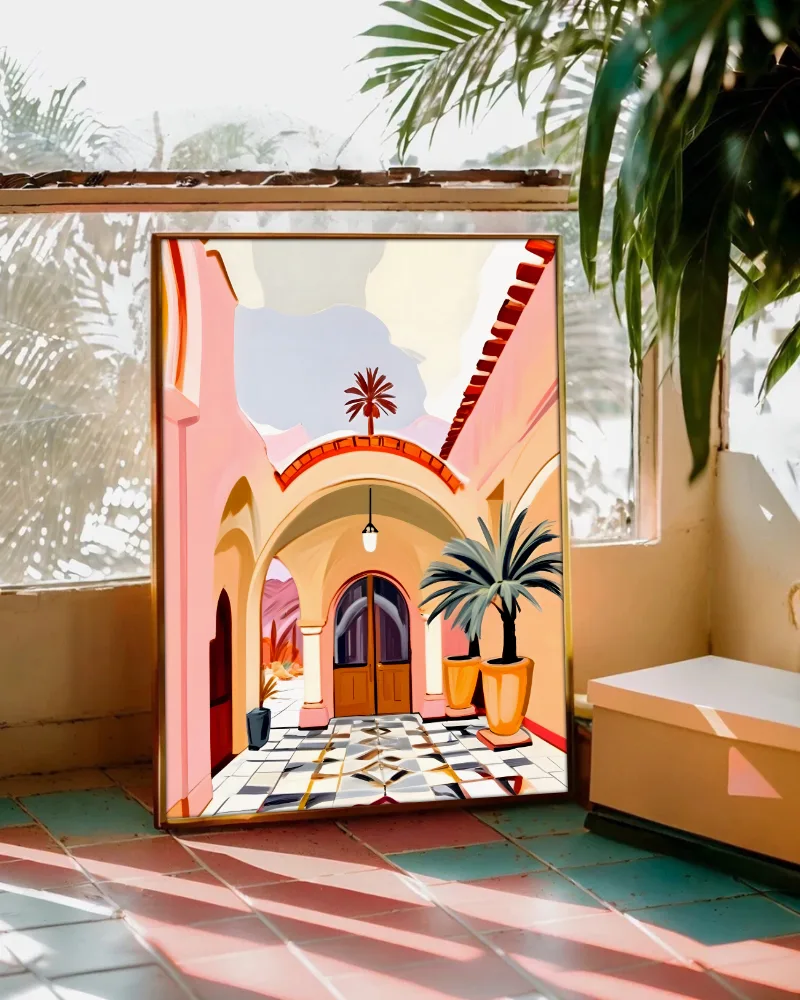 Shop Turkish courtyard architecture pastel building painting small batch graphic Art Print, Canvas Print & Fabric Print - exclusively available at 83oranges.com by artist Uma Gokhale India