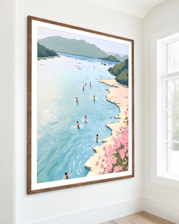 Shop summer beach coast swim scenic landscape nature painting small batch graphic Art Print, Canvas Print, Commercial digital license & Instant download printable - exclusively available at 83oranges.com by artist Uma Gokhale India