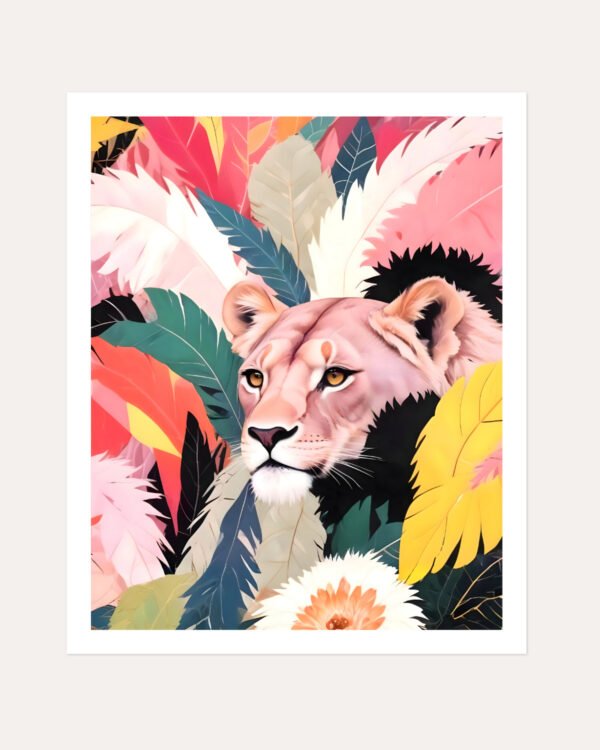 Shop Lioness in a tropical jungle Art Print, Canvas Print, Commercial digital license & Instant download printable - exclusively available at 83oranges.com by artist Uma Gokhale India