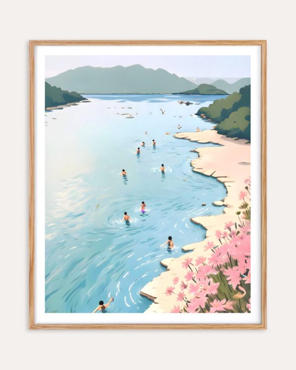 Shop summer beach coast swim scenic landscape nature painting small batch graphic Art Print, Canvas Print, Commercial digital license & Instant download printable - exclusively available at 83oranges.com by artist Uma Gokhale India