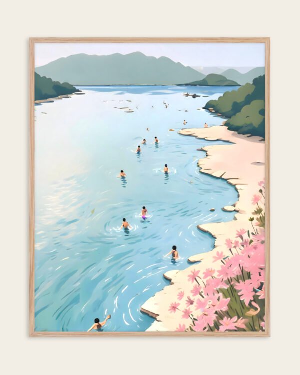 Shop summer beach coast swim scenic landscape nature painting small batch graphic Art Print, Canvas Print, Commercial digital license & Instant download printable - exclusively available at 83oranges.com by artist Uma Gokhale India