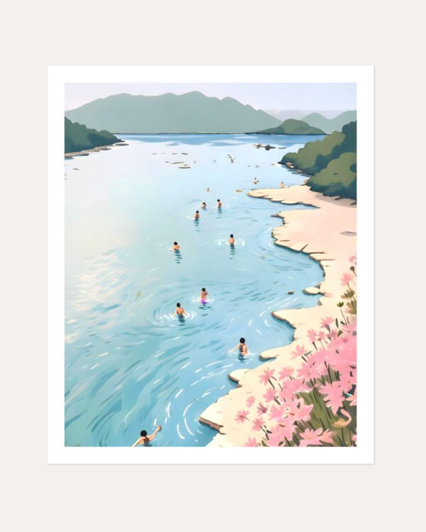 Shop summer beach coast swim scenic landscape nature painting small batch graphic Art Print, Canvas Print, Commercial digital license & Instant download printable - exclusively available at 83oranges.com by artist Uma Gokhale India