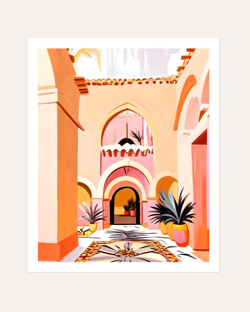 Shop Turkish courtyard architecture pastel building painting small batch graphic Art Print, Canvas Print, Commercial digital license & Instant download printable - exclusively available at 83oranges.com by artist Uma Gokhale India