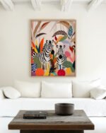 Shop colorful zebras in the jungle pastel botanical nature painting Art Print, Canvas Print, Commercial digital license & Instant download printable - exclusively available at 83oranges.com by artist Uma Gokhale India