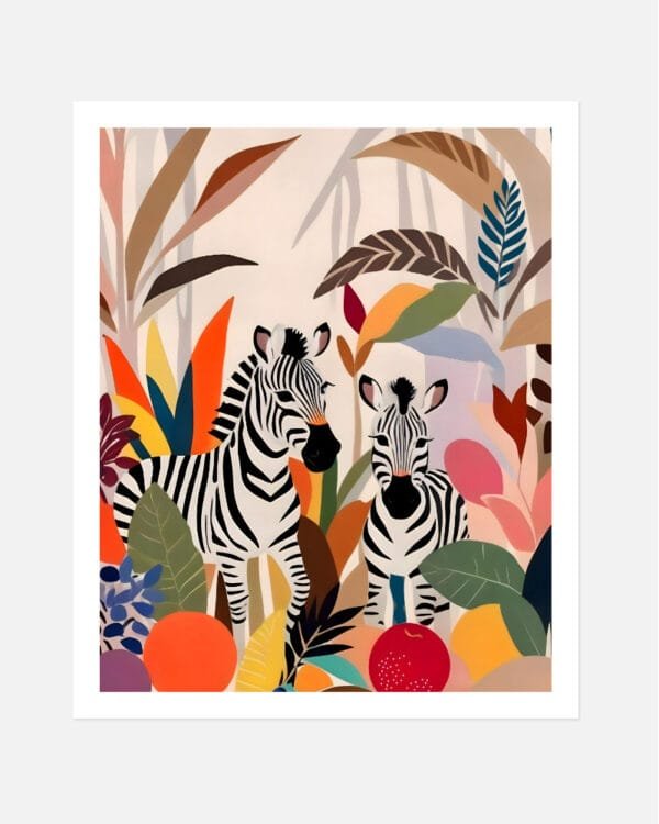 Shop colorful zebras in the jungle pastel botanical nature painting Art Print, Canvas Print & Fabric Print - exclusively available at 83oranges.com by artist Uma Gokhale India