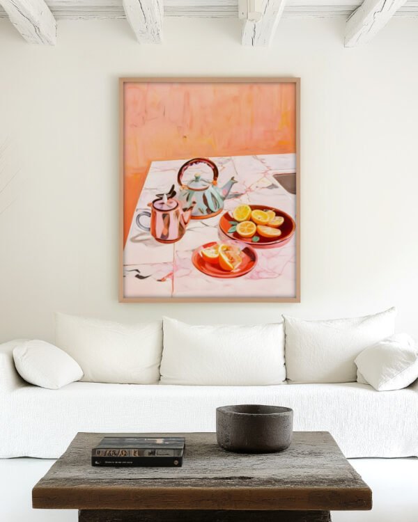 Shop tea & oranges still life pastel eclectic bohemian maximalist painting small batch graphic Art Print, Canvas Print, Commercial digital license & Instant download printable - exclusively available at 83oranges.com by artist Uma Gokhale India