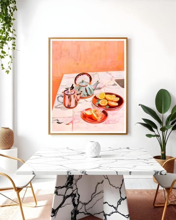 Shop tea & oranges still life pastel eclectic bohemian maximalist painting small batch graphic Art Print, Canvas Print & Fabric Print - exclusively available at 83oranges.com by artist Uma Gokhale India