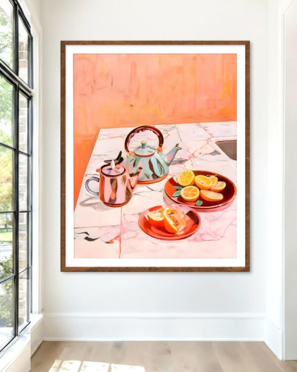 Shop tea & oranges still life pastel eclectic bohemian maximalist painting small batch graphic Art Print, Canvas Print, Commercial digital license & Instant download printable - exclusively available at 83oranges.com by artist Uma Gokhale India