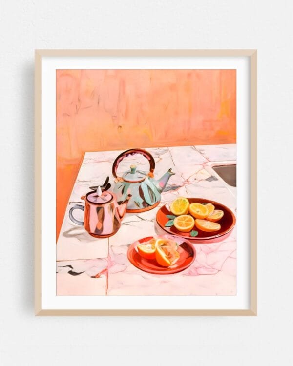 Shop tea & oranges still life pastel eclectic bohemian maximalist painting small batch graphic Art Print, Canvas Print & Fabric Print - exclusively available at 83oranges.com by artist Uma Gokhale India