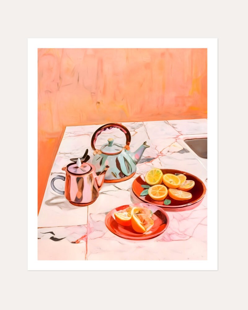 Shop tea & oranges still life pastel eclectic bohemian maximalist painting small batch graphic Art Print, Canvas Print, Commercial digital license & Instant download printable - exclusively available at 83oranges.com by artist Uma Gokhale India