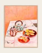 Shop tea & oranges still life pastel eclectic bohemian maximalist painting small batch graphic Art Print, Canvas Print, Commercial digital license & Instant download printable - exclusively available at 83oranges.com by artist Uma Gokhale India