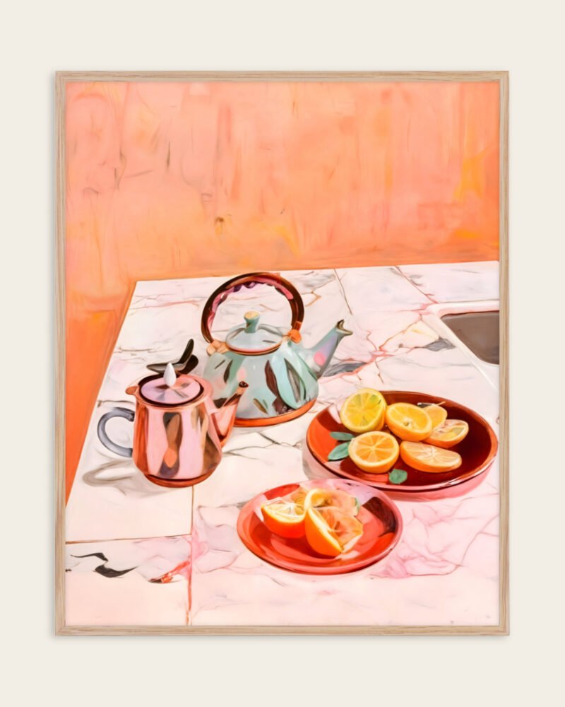 Shop tea & oranges still life pastel eclectic bohemian maximalist painting small batch graphic Art Print, Canvas Print, Commercial digital license & Instant download printable - exclusively available at 83oranges.com by artist Uma Gokhale India