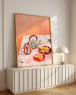 Shop tea & oranges still life pastel eclectic bohemian maximalist painting small batch graphic Art Print, Canvas Print, Commercial digital license & Instant download printable - exclusively available at 83oranges.com by artist Uma Gokhale India