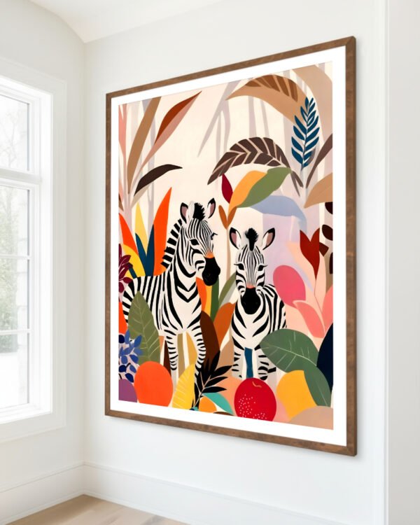 Shop colorful zebras in the jungle pastel botanical nature painting Art Print, Canvas Print, Commercial digital license & Instant download printable - exclusively available at 83oranges.com by artist Uma Gokhale India