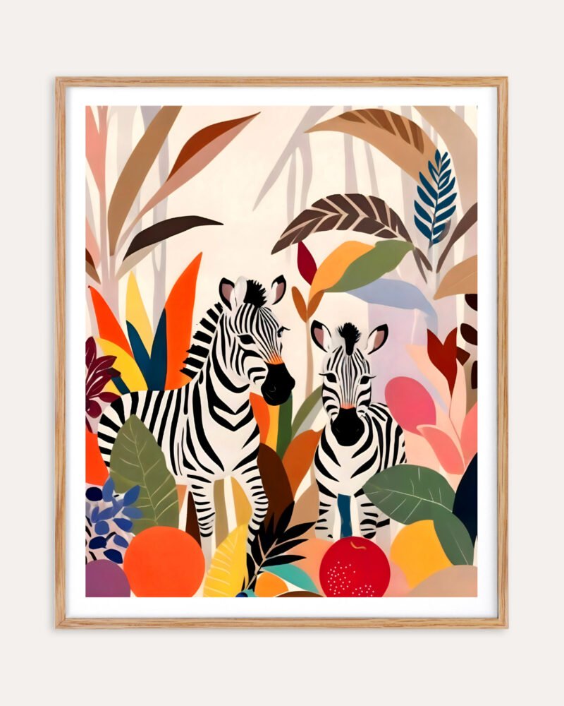 Shop colorful zebras in the jungle pastel botanical nature painting Art Print, Canvas Print, Commercial digital license & Instant download printable - exclusively available at 83oranges.com by artist Uma Gokhale India