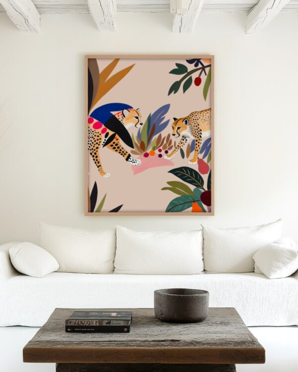 Shop Cheetah colorful jungle picnic botanical nature painting Art Print, Canvas Print, Commercial digital license & Instant download printable - exclusively available at 83oranges.com by artist Uma Gokhale India