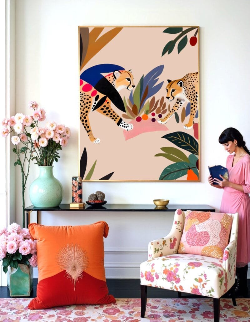 Shop Cheetah colorful jungle picnic botanical nature painting Art Print, Canvas Print & Fabric Print - exclusively available at 83oranges.com by artist Uma Gokhale India