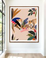 Shop Cheetah colorful jungle picnic botanical nature painting Art Print, Canvas Print, Commercial digital license & Instant download printable - exclusively available at 83oranges.com by artist Uma Gokhale India