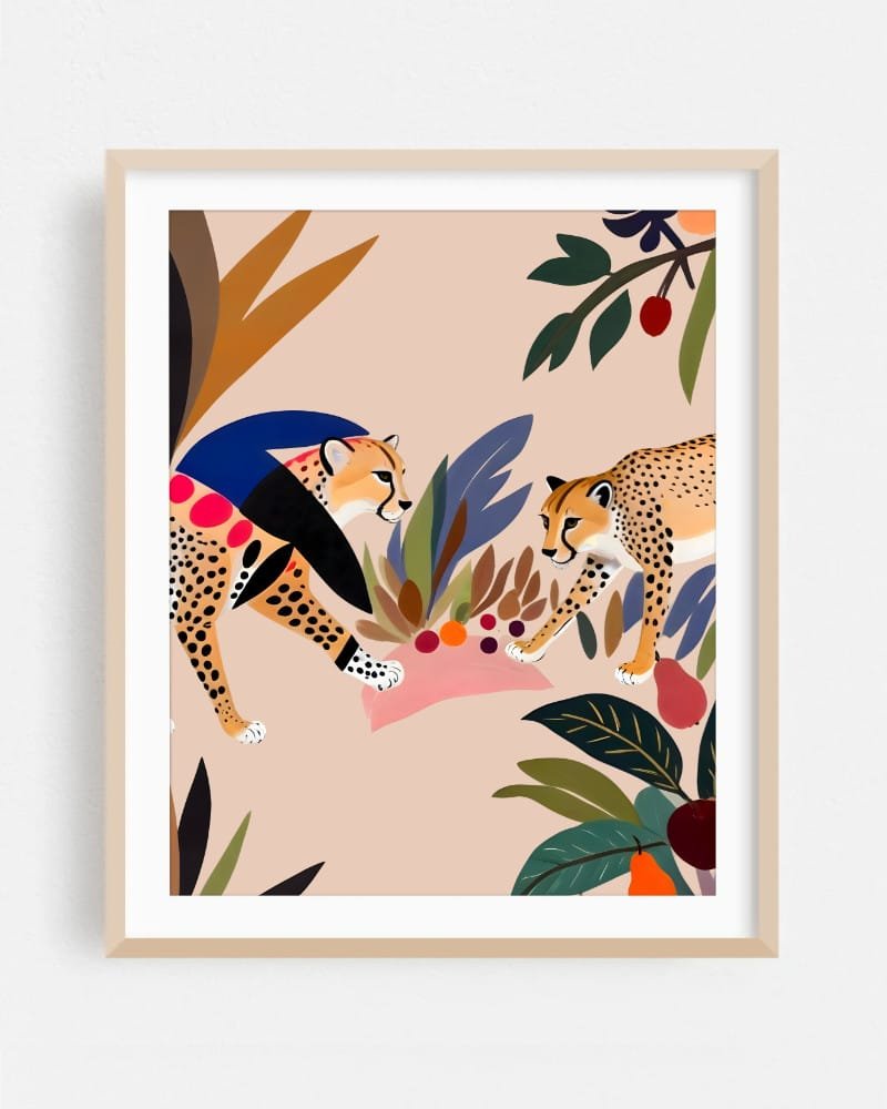 Shop Cheetah colorful jungle picnic botanical nature painting Art Print, Canvas Print & Fabric Print - exclusively available at 83oranges.com by artist Uma Gokhale India