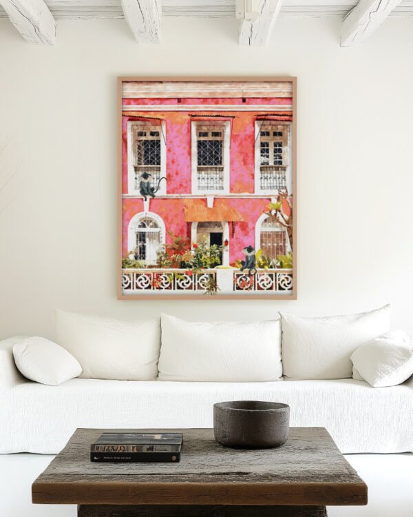 Shop Goa Tropical Architecture Morocco Pink Buildings Monkeys Art Print, Canvas Print, Commercial digital license & Instant download printable - exclusively available at 83oranges.com by artist Uma Gokhale India