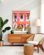 Shop Goa Tropical Architecture Morocco Pink Buildings Monkeys Art Print, Canvas Print & Fabric Print - exclusively available at 83oranges.com by artist Uma Gokhale India