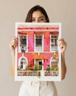 Shop Goa Tropical Architecture Morocco Pink Buildings Monkeys Art Print, Canvas Print & Fabric Print - exclusively available at 83oranges.com by artist Uma Gokhale India