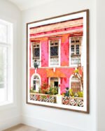 Shop Goa Tropical Architecture Morocco Pink Buildings Monkeys Art Print, Canvas Print, Commercial digital license & Instant download printable - exclusively available at 83oranges.com by artist Uma Gokhale India