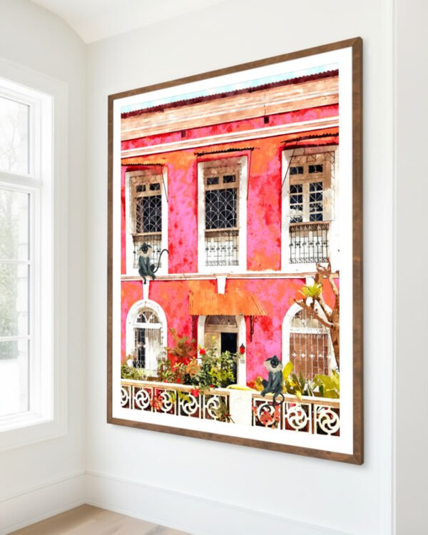Shop Goa Tropical Architecture Morocco Pink Buildings Monkeys Art Print, Canvas Print, Commercial digital license & Instant download printable - exclusively available at 83oranges.com by artist Uma Gokhale India