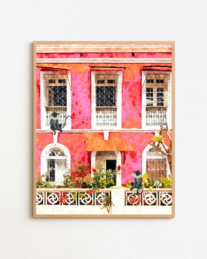 Shop Goa Tropical Architecture Morocco Pink Buildings Monkeys Art Print, Canvas Print & Fabric Print - exclusively available at 83oranges.com by artist Uma Gokhale India