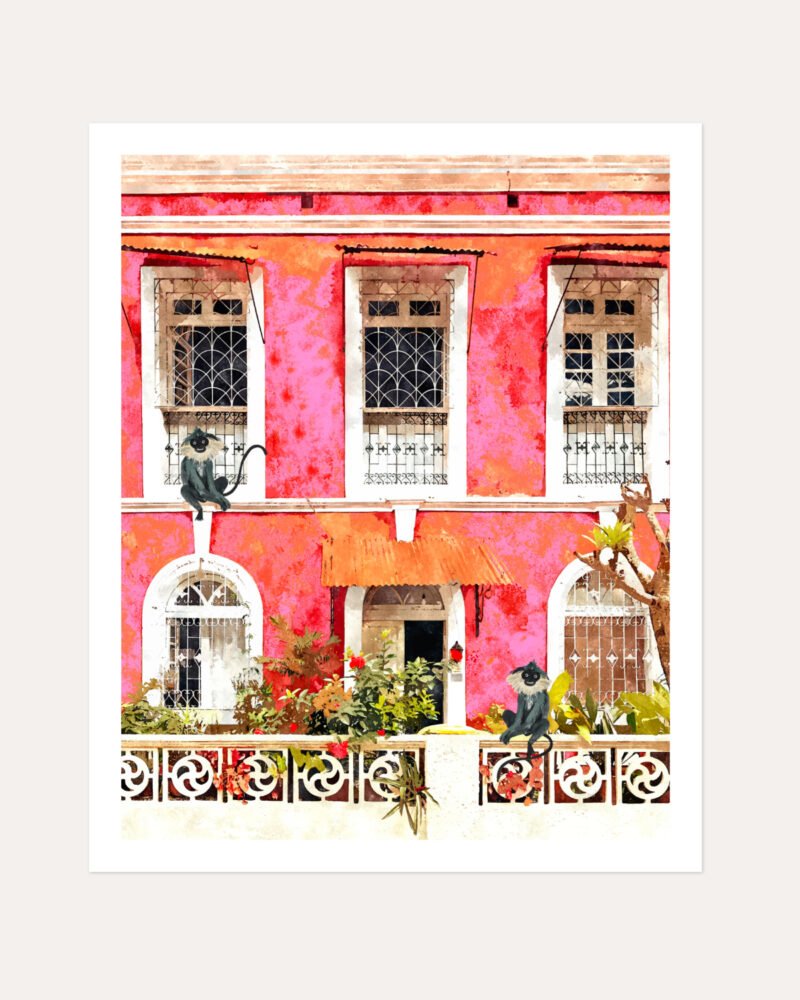 Shop Goa Tropical Architecture Morocco Pink Buildings Monkeys Art Print, Canvas Print, Commercial digital license & Instant download printable - exclusively available at 83oranges.com by artist Uma Gokhale India