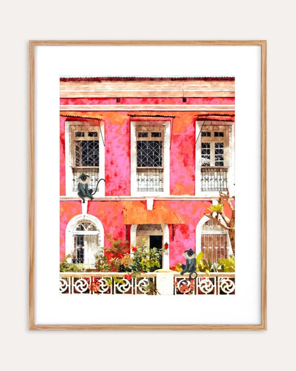 Shop Goa Tropical Architecture Morocco Pink Buildings Monkeys Art Print, Canvas Print, Commercial digital license & Instant download printable - exclusively available at 83oranges.com by artist Uma Gokhale India
