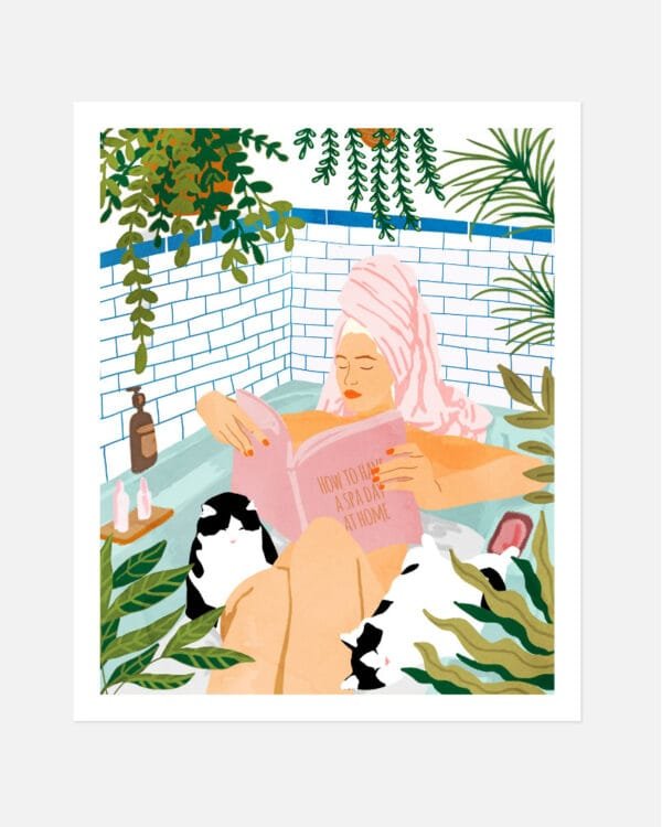 Shop Spa bath tub with pet cats small batch Art Print, Canvas Print & Fabric Print - exclusively available at 83oranges.com by artist Uma Gokhale India