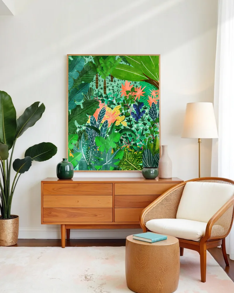 Shop Dense Forest Lush Botanical Nature Jungle Painting Oak Framed Art Print, Canvas Print - available at 83oranges.com by artist Uma Gokhale India