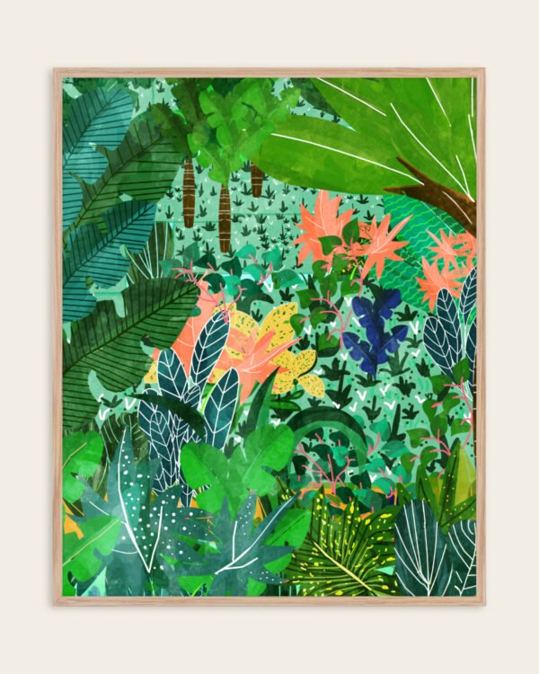 Shop Dense Forest Lush Botanical Nature Jungle Painting Oak Framed Art Print, Canvas Print, Commercial digital license & Instant download printable - available at 83oranges.com by artist Uma Gokhale India