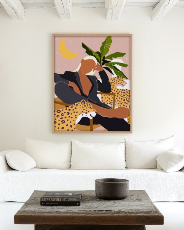 Shop Bohemian Woman with leopards modern boho Fashion Tropical Art Print, Canvas Print, Commercial digital license & Instant download printable - exclusively available at 83oranges.com by artist Uma Gokhale India