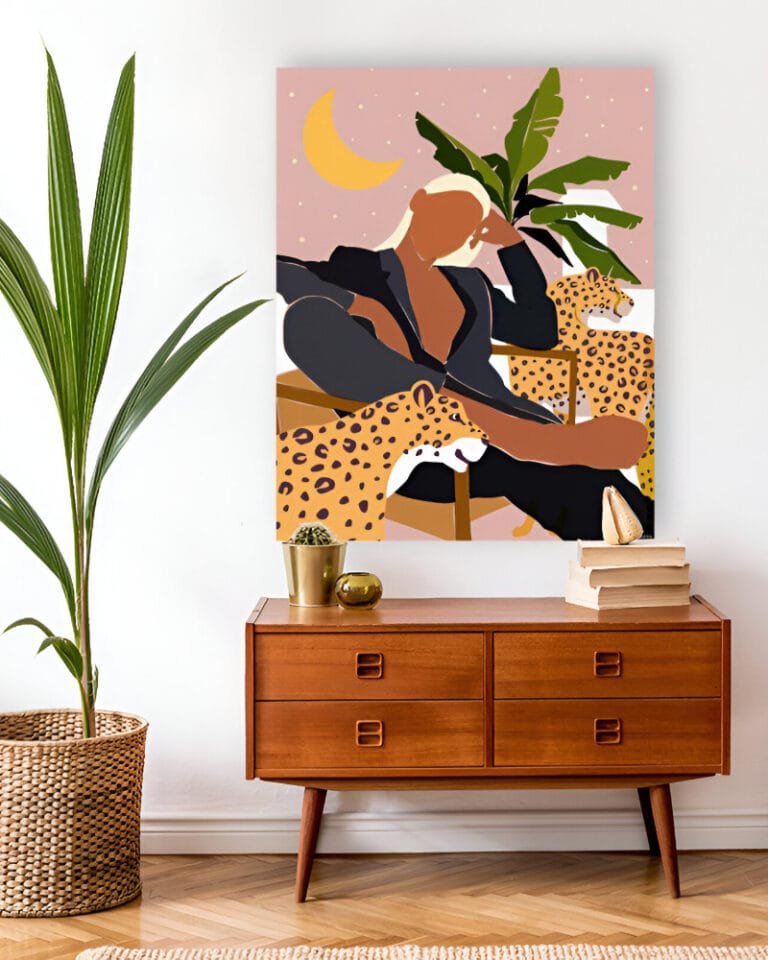 Shop Bohemian Woman with leopards modern boho Fashion Tropical Art Print, Canvas Print & Fabric Print - exclusively available at 83oranges.com by artist Uma Gokhale India