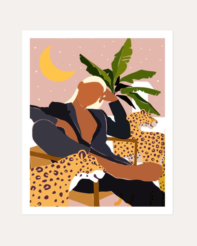 Shop Bohemian Woman with leopards modern boho Fashion Tropical Art Print, Canvas Print, Commercial digital license & Instant download printable - exclusively available at 83oranges.com by artist Uma Gokhale India