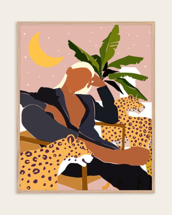 Shop Bohemian Woman with leopards modern boho Fashion Tropical Art Print, Canvas Print, Commercial digital license & Instant download printable - exclusively available at 83oranges.com by artist Uma Gokhale India