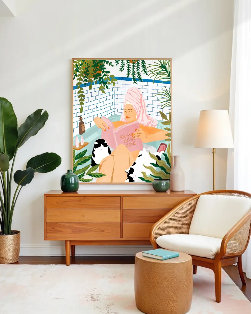 Shop Spa bath tub with pet cats small batch Art Print, Canvas Print & Fabric Print - exclusively available at 83oranges.com by artist Uma Gokhale India