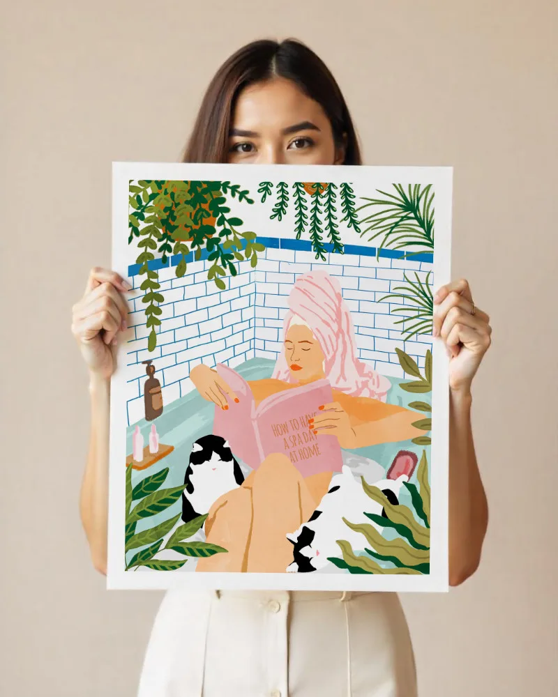 Shop Spa bath tub with pet cats small batch Art Print, Canvas Print & Fabric Print - exclusively available at 83oranges.com by artist Uma Gokhale India