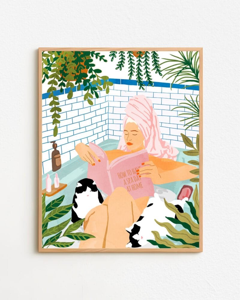 Shop Spa bath tub with pet cats small batch Art Print, Canvas Print & Fabric Print - exclusively available at 83oranges.com by artist Uma Gokhale India