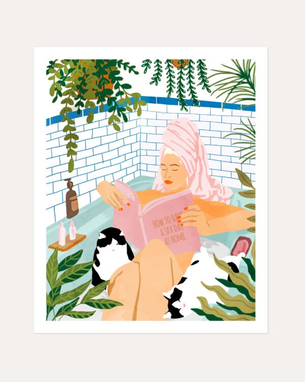 Shop Spa bath tub with pet cats small batch Art Print, Canvas Print, Commercial digital license & Instant download printable- exclusively available at 83oranges.com by artist Uma Gokhale India